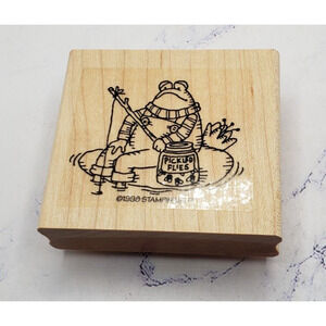 Stampin Up Fishing Frog on Lilly Pad Wood Mounted Rubber Stamp